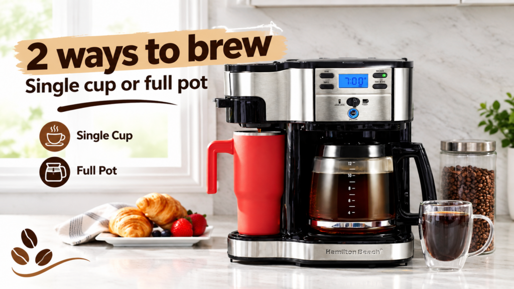 Hamilton Beach 2-Way Brewer 49980A: Smart Buying Guide. 11 Hamilton Beach 2-Way Brewer 49980A coffee maker with single-serve and 12-cup brewing options, featured in a practical coffee maker buying guide.