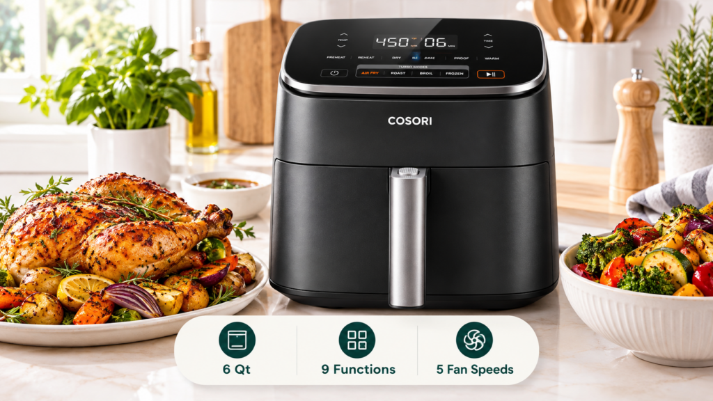 COSORI TurboBlaze 6-Quart Air Fryer: Features, Uses & Buying Guide 10 COSORI TurboBlaze 6-quart 9-in-1 air fryer with PFAS-free ceramic-coated basket, 90°–450°F temperature range, five fan speeds, and multiple cooking functions for everyday kitchen use.