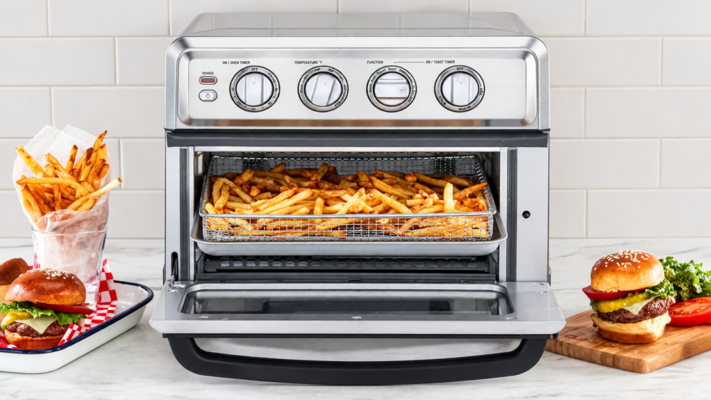 Cuisinart TOA-70NAS: Features & Buying Guide 9 Cuisinart TOA-70NAS 8-in-1 air fryer toaster oven in stainless steel with 1,800-watt power, convection, broil, warm, and a 60-minute timer.