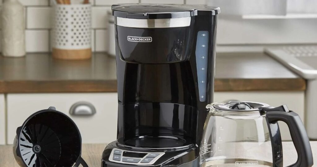 BLACK+DECKER 12-Cup Coffee Maker: Features and Buying Guide 2 BLACK+DECKER 12-cup coffee maker with Vortex brewing technology, programmable timer, Sneak-A-Cup feature, and automatic shutoff.