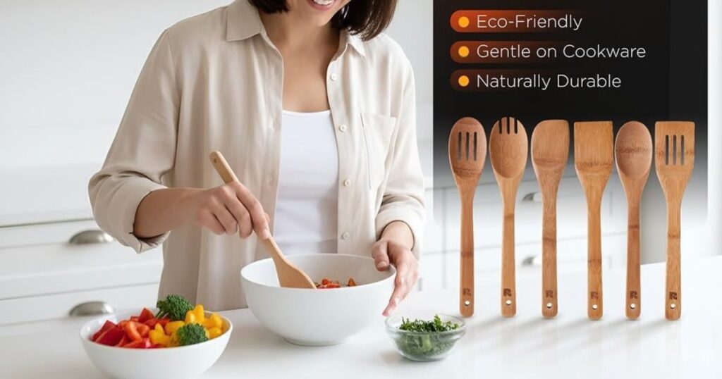 Riveira Wooden Kitchen Utensils: What to Consider Before Choosing a 6-Piece Set 6 Riveira 6-piece dark bamboo wooden kitchen utensils set arranged for everyday cooking in a home kitchen.