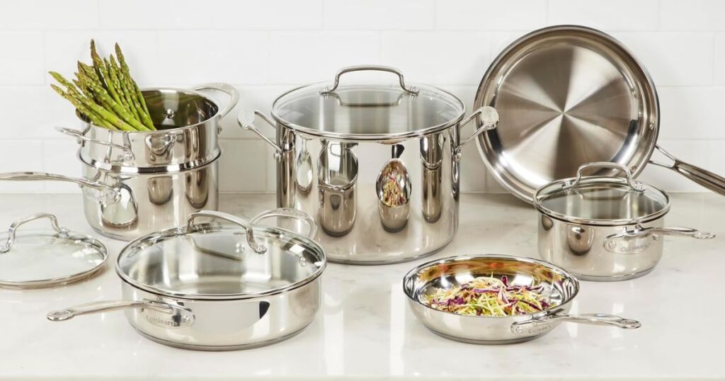 Cuisinart Stainless Steel Cookware Set: 11-Piece Buying Guide 3 Cuisinart stainless steel cookware set featuring 11 pieces of pots and pans, with buying tips for stovetop compatibility, cooking needs, and care.